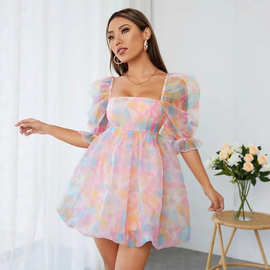 2025春夏款女式亚马逊花卉印花 方领泡泡袖高腰喇叭欧根纱连衣裙