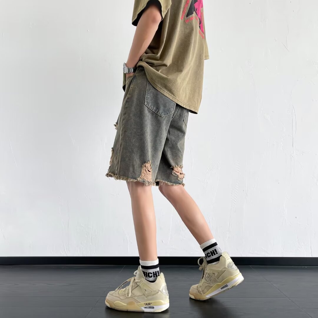 American Retro Rip Denim Shorts Boys Summer Thin Loose Niche Design Sense Pants High Street Trendy Brand