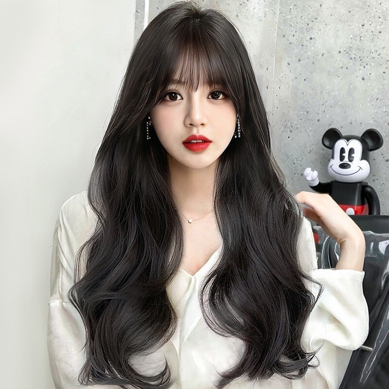 Korean-Style Long Wavy Hair Wigs, Long Curly Hair Wigs for Women, Air Bangs Synthetic Fiber Full Head Wig, Big Waves