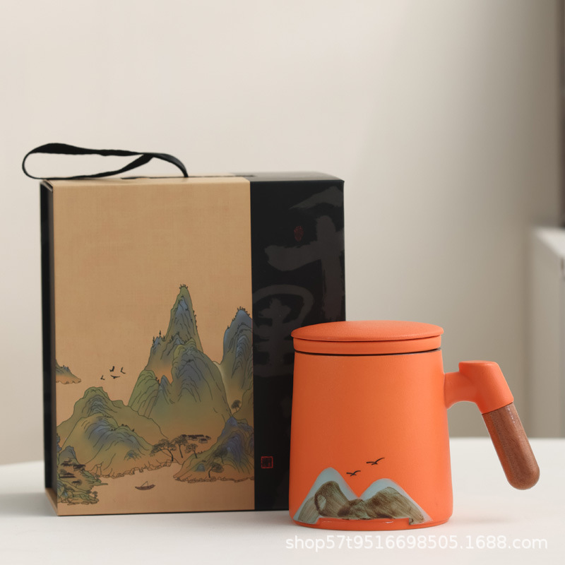 Taza de cerámica Jiangshan set de regalo de taza de marca de filtro de taza de agua de negocios de talla LOGO publicidad al por mayor