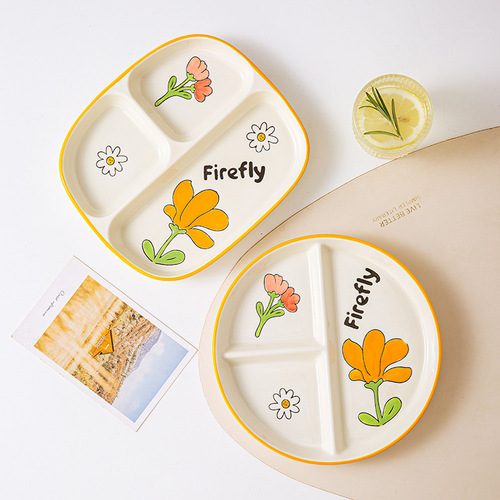 Divided fat-reduced dinner plate for one person, household breakfast tableware, children's ceramic Nordic quantitative plate, three-part plate