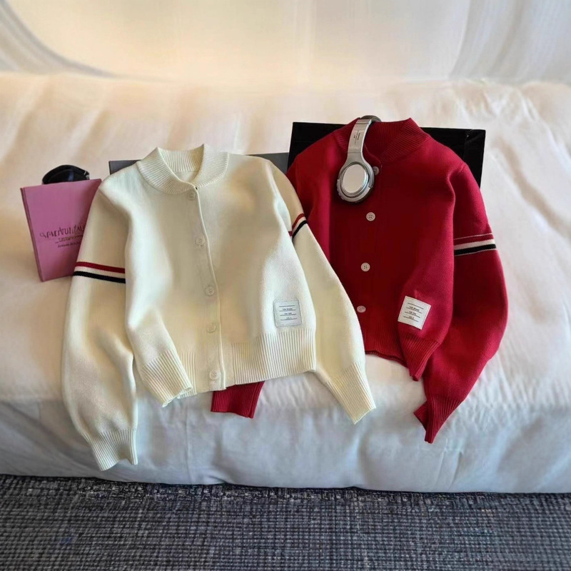 Half Turtleneck Cardigan Preppy Style Autumn and Winter Korean Baseball Uniform Colorfulful Webbing Stripesd Long-Sleeved Knitted Sweater Women's Jacket