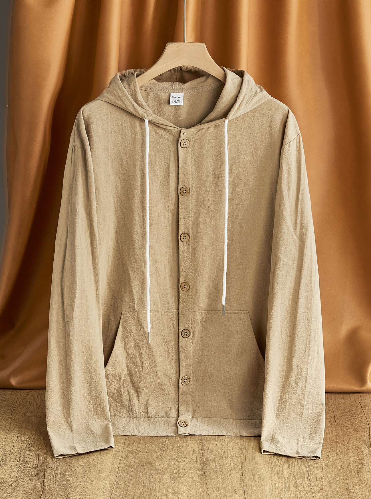 Transfronterizo Amazon Europa y América primavera y otoño camisa de botón hombre algodón y lino casual simple chaqueta de manga larga encapuchada de playa