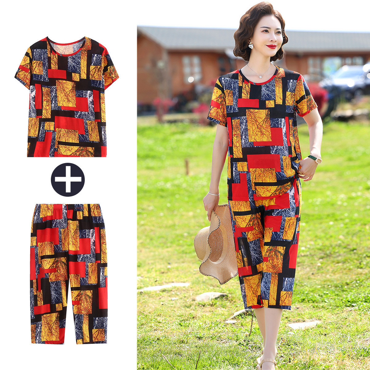 공장 재고 중년 및 노인 어머니 여름 원피스 2 세트 중년 여성 세트 중년 및 노인 세트