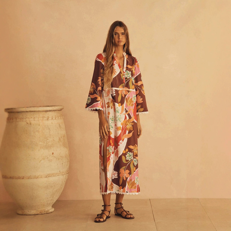 2026 European and American Cross-Border Amazon Independent Site Spring and Summer New Linen Fashion Printed Lace Long Dress for Women