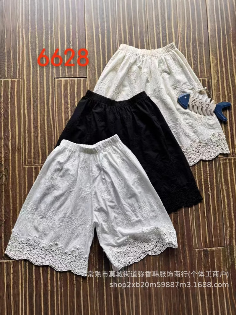 6628日系森女薄棉刺绣打底裤休闲裤纯色水溶绣花边阔腿五分裤夏季