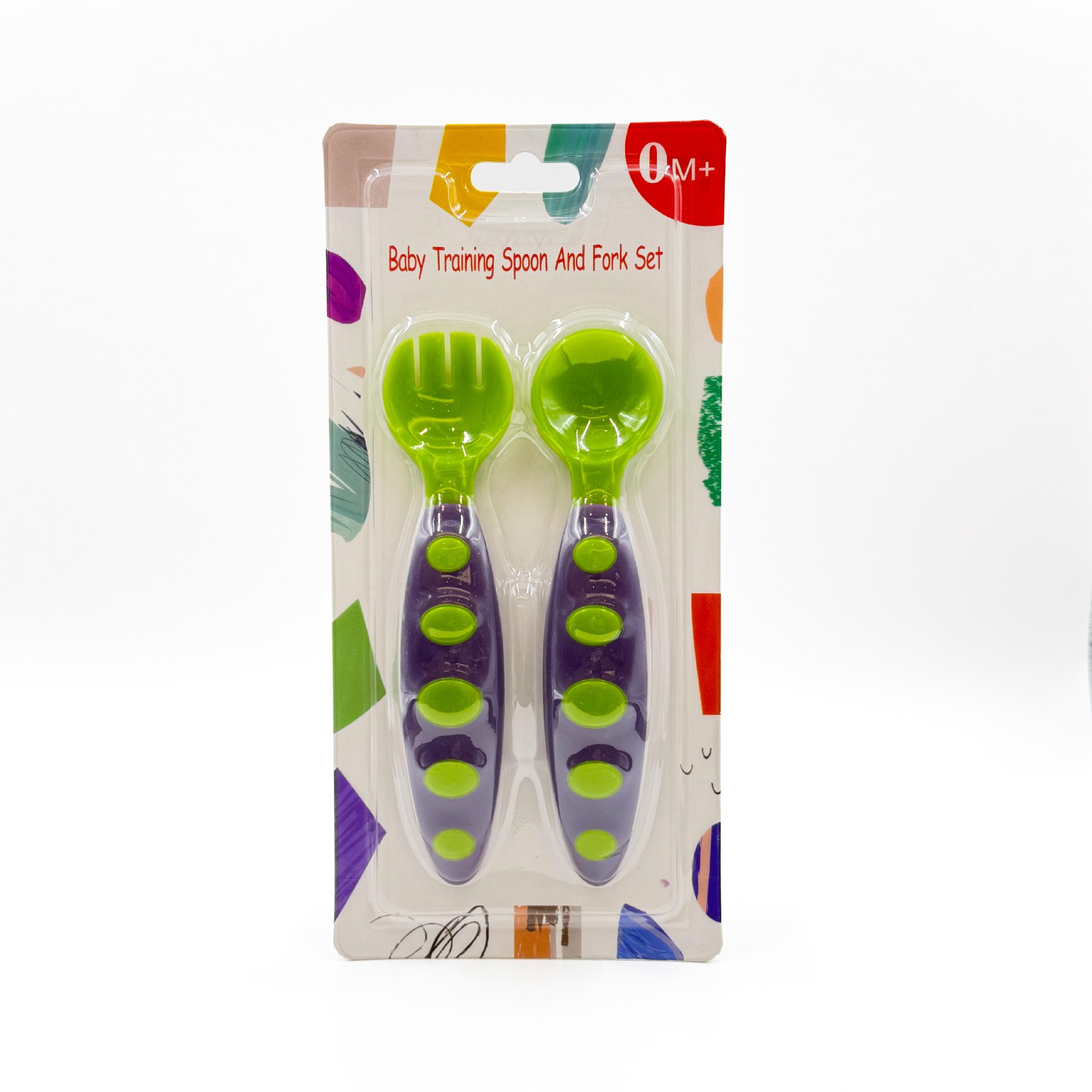 Fábrica directa de bebés cucharas bicolores y tenedores conjuntos de cubiertos de alimentos suplementarios para bebés PP cucharas 2 paquetes de tarjetas inglesas