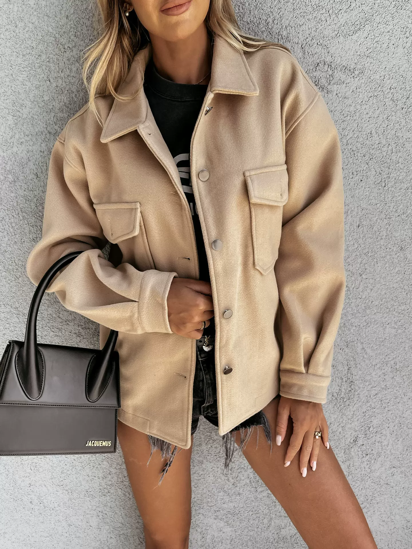 亚马逊 欧美新款 时尚纯色单排扣毛呢外套