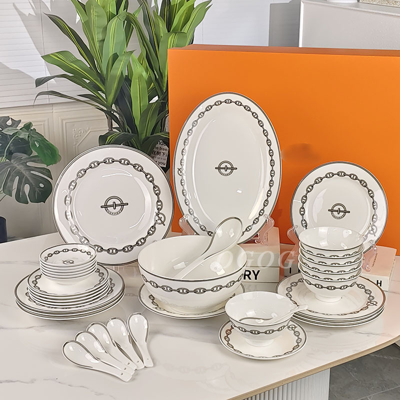 Ouge Bone China Gray Iron Chain Dinnerware Set for Hotel, Restaurant, and Home Use, Ceramic Bowls, Plates, Spoons, and Saucers, Housewarming Gift Ouge Bone China Gray Iron Chain Dinnerware Set for Hotel, Restaurant, and Home Use, Ceramic Bowls, Plates, Spoons, and Saucers, Housewarming Gift