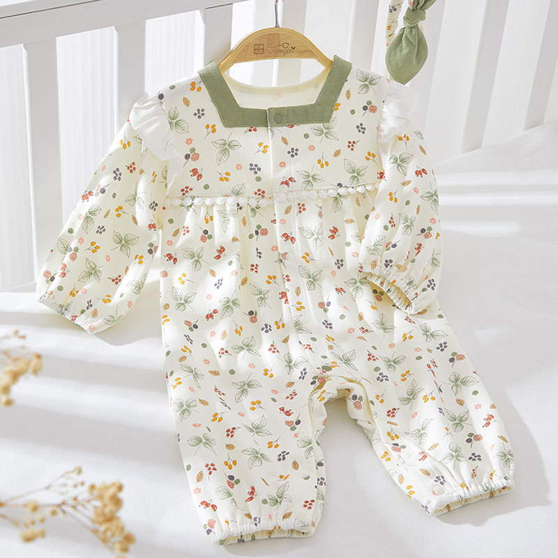 春秋舒絨棉嬰兒連體衣田園風小碎花女寶寶哈衣爬服外穿小方領時尚