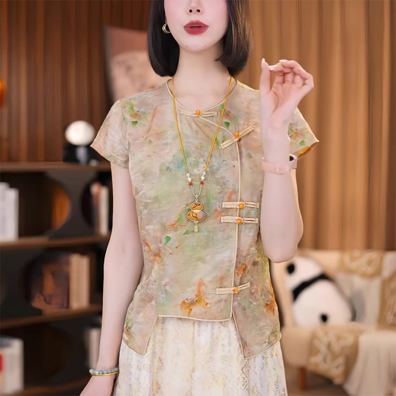 Áo sơ mi nữ ngắn tay lụa Jacquard Guofeng nút áo nhỏ Hương Vân Sa — Màu ảnh chi tiết 3