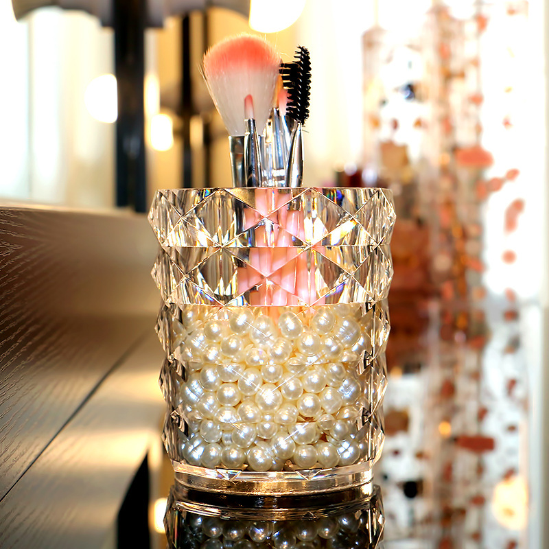 Diamante patrón maquillaje cepillo tubo de almacenamiento de escritorio transparente maquillaje ceja lápiz cepillo cubo papelería sostenedor de la pluma cepillo de cejas sombra de ojos caja del cepillo
