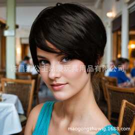 许昌厂家现货 欧美时尚假发女短发蓬松黑色短直发 化纤玫瑰网头套
