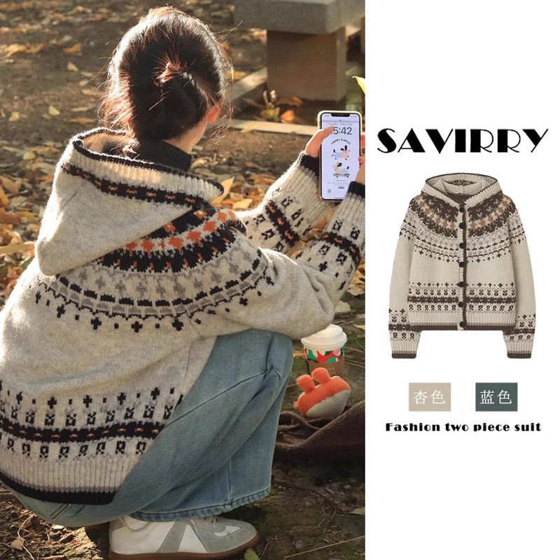 Vintage Jacquard Fell Island Sweater Knitted Cardigan Jacket Women's Autumn and Winter 2025 New New Year Wear New Year's Gown