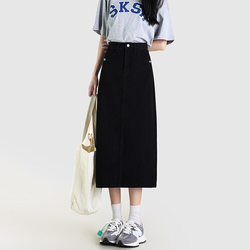 Korean high-waisted denim skirt for women, spring and autumn new style slimming split mid-long a-line bag hip denim skirt