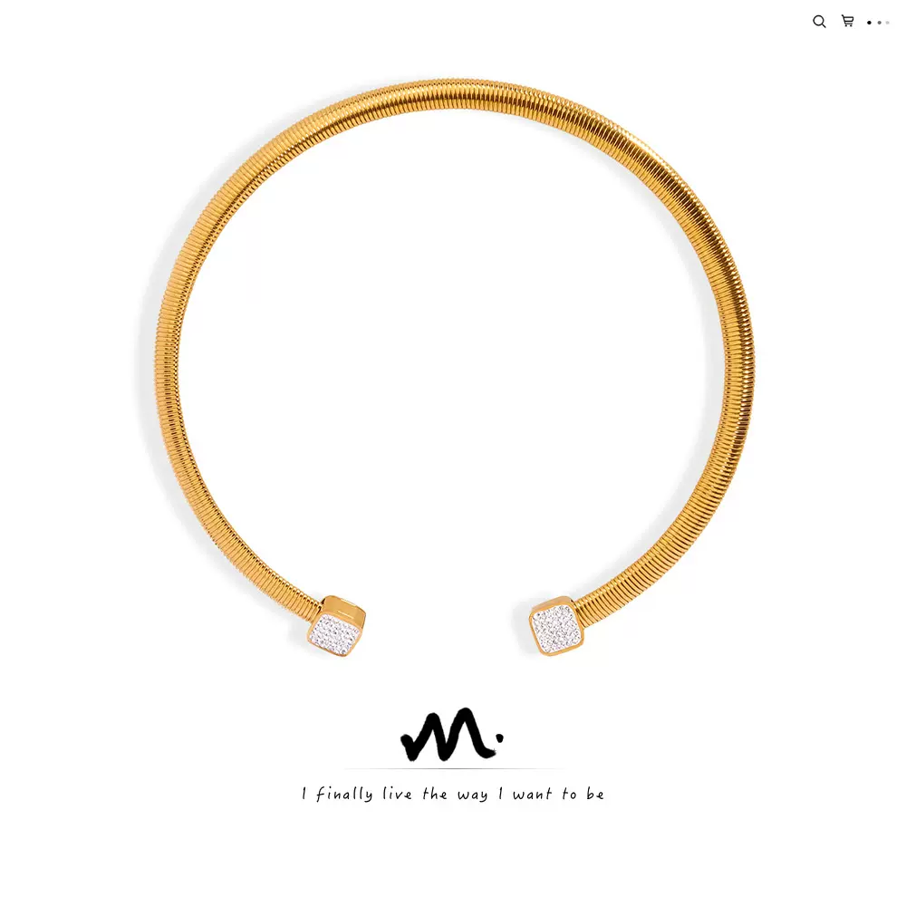 欧美新款时尚百搭个性钛钢镀金镶钻简约设计感刀片形项圈饰品批发