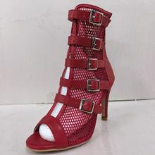 爵士舞跳舞高跟鞋欧美系带鱼嘴凉靴镂空网纱靴时尚性感舞蹈鞋毛底