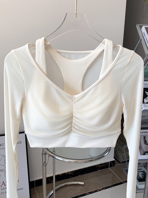 2025 新製品偽ツーピースメッシュヨガウェア Tシャツ女性の長袖通気性痩身フィットネスピラティストップ|undefined