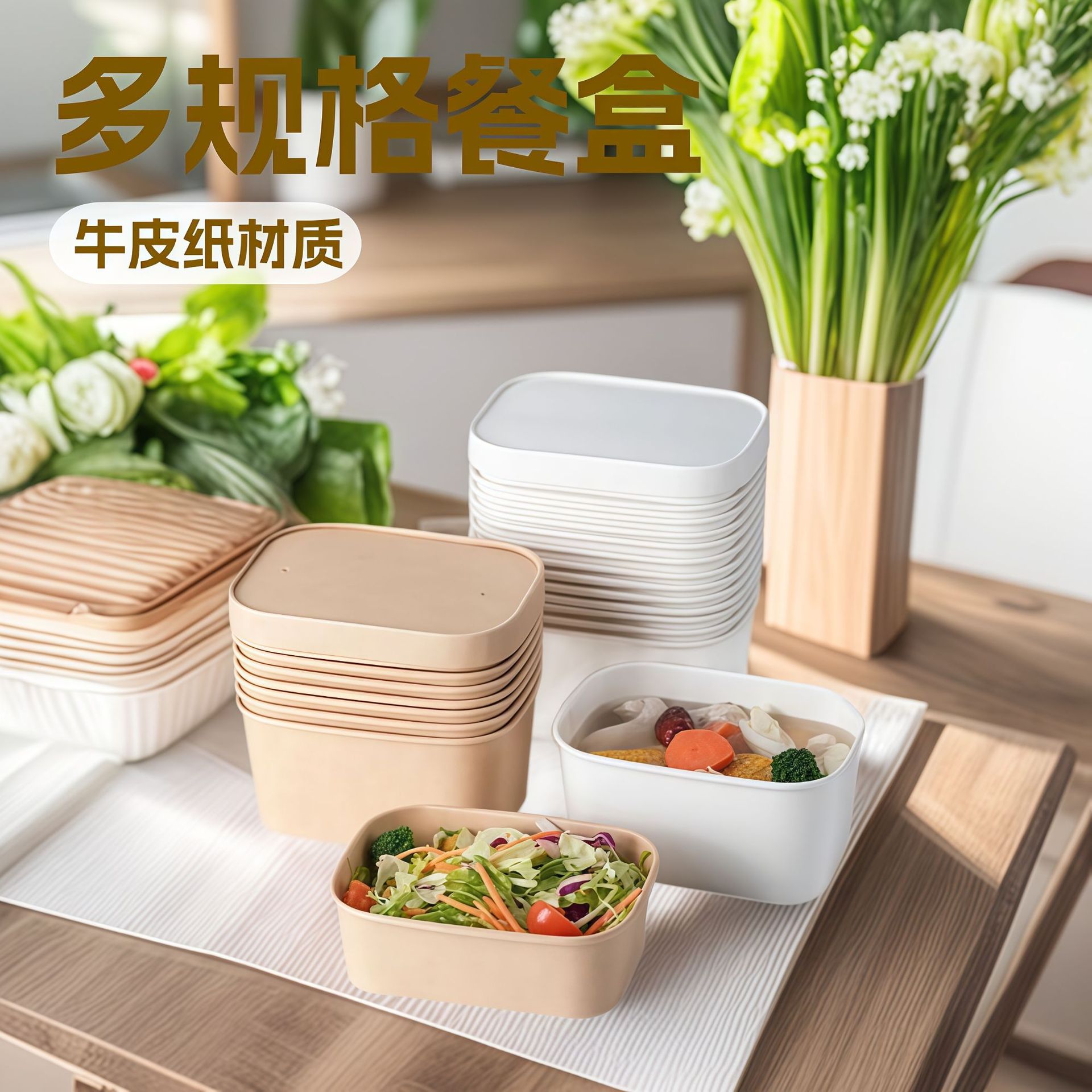 定制一次性餐盒方形牛皮纸烤肉水果便当外送轻食打包盒批发外卖盒
