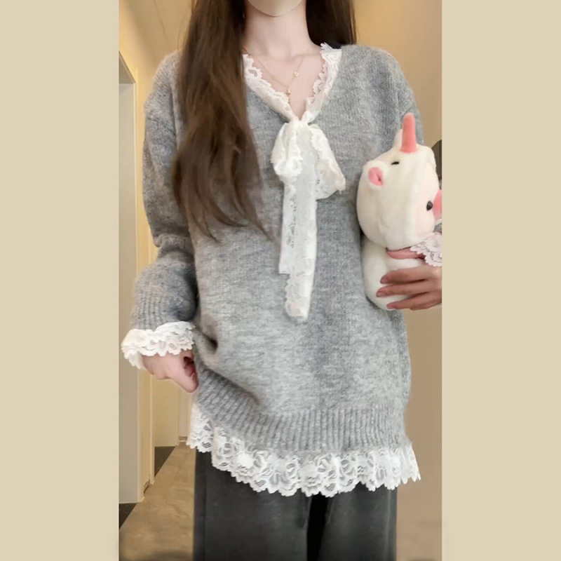 Lace Bow Stitching Loose Long-sleeved Sweater Women's Autumn New Lazy Style Sweet Sweater Top Lace Bow Stitching Loose Long-sleeved Sweater Women's Autumn New Lazy Style Sweet Sweater Top