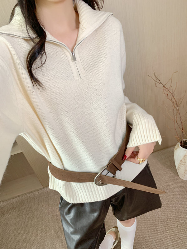 2025秋冬新款女半拉链翻领羊毛衫毛衣慵懒风简约宽松长袖针织衫|undefined