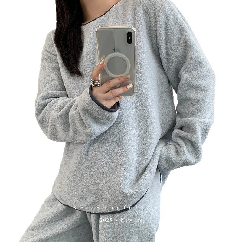 25新品韩风圆领套头雪粒绒睡衣女加绒加厚宽松极简家居服二件套装|undefined