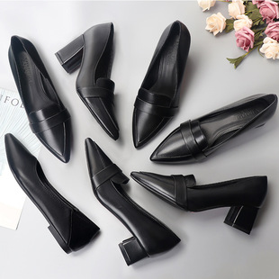 Высокие черные густые каблуки Мягкая подошва мягких подошв из кожаных туфлей с низкой профессиональной обуви для работы с одиночными туфлями маленький размер