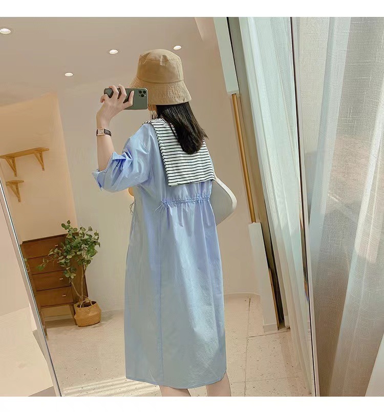 Váy liền áo sơ mi nữ kiểu Pháp cổ điển thiết kế sang trọng mùa hè — Màu xanh lam chi tiết 3