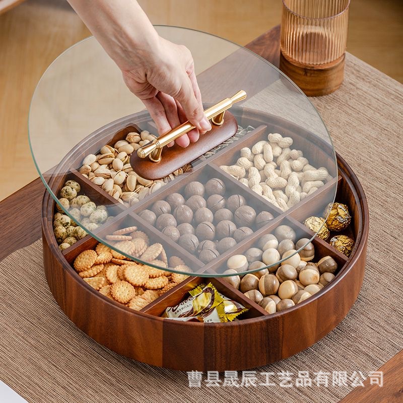 Caja de frutas de madera con nueve compartimentos y tapa de acrílico, caja para refrigerios, bandeja de madera maciza dividida para dulces y frutos secos, estilo ligero y lujoso.