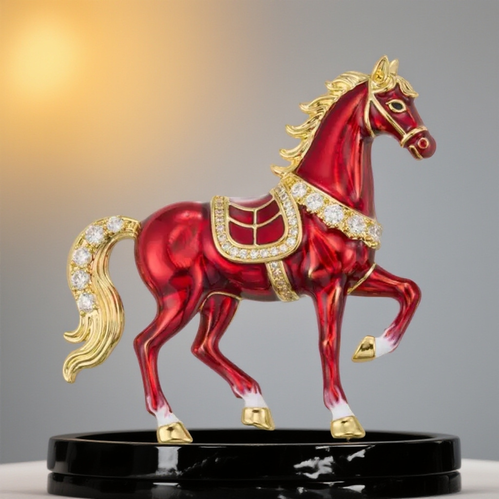 New Chinese-Style Enamel Red and White Horse Brooch, a Perfect Gift for Success, Zinc Alloy Brooch with Rhinestones