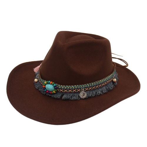 Green Turquoise Tibetan Style Tibetan Costume Hat Kang Zhong Dance Performance Show Ethnic Style Felt Hat with Curved Brim Wholesale Hat