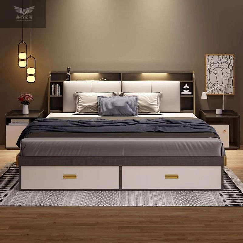 Dormitorio principal, cama de matrimonio, cama de almacenamiento neumático, cama de almacenamiento de caja alta moderna y simple, cama doble