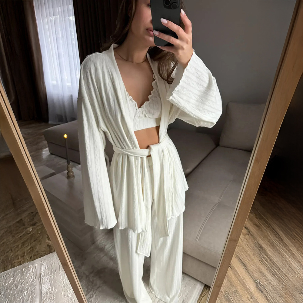 European and American Style Autumn and Winter Knitted Home Clothes Skin-Friendly Long-Sleeved Nightgown Intimates Pants Three-Piece Breathable Pajamas Set for Women