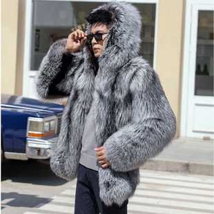 Hooded fox fur men's mink fur coat silver fox mink fur coat casual jacket