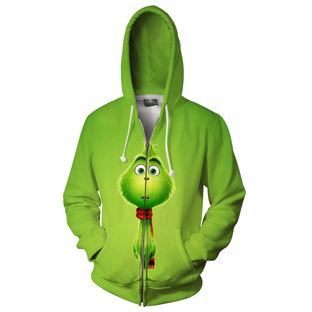 2024 Navidad piel verde extraño Grinch 3D Impresión digital suéter con capucha traje de dos piezas