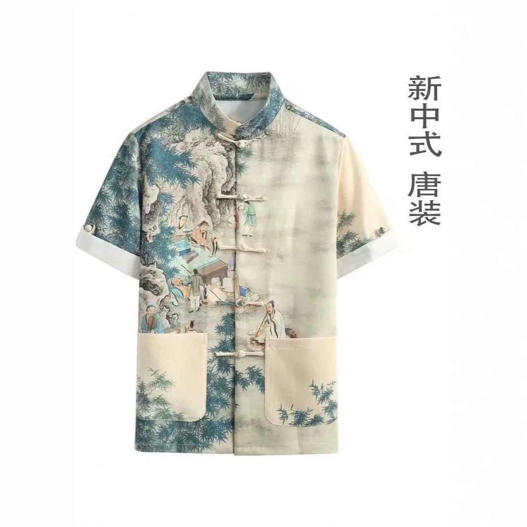 新中式唐装男夏季新款男士薄款盘扣衬衣国潮印花潮流时尚复古衬衫