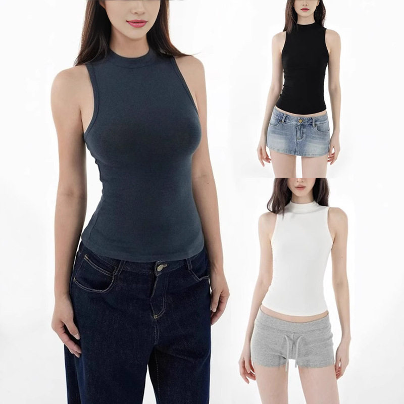Spot American Sexy Retro Sports Half Turtleneck Sleeveless Top with Slim Stretch Vest for Women to Wear Outside T-Shirt Spot American Sexy Retro Sports Half Turtleneck Sleeveless Top with Slim Stretch Vest for Women to Wear Outside T-Shirt
