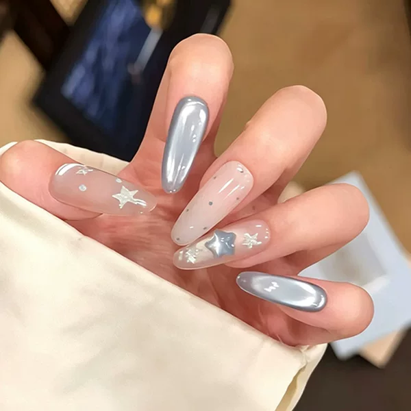Star-dot cat-eye press-on nails, summer nail stickers, cute and flattering fake nails, wearable press-on nails