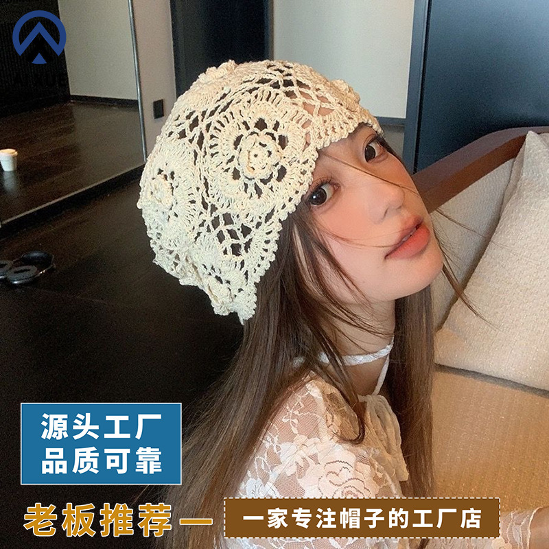 Japanese-Style Handmade Knitted Beanie for Women, Spring and Autumn Thin Hollow-Out Wool Hat, Retro Artistic Knitted Slouchy Beanie