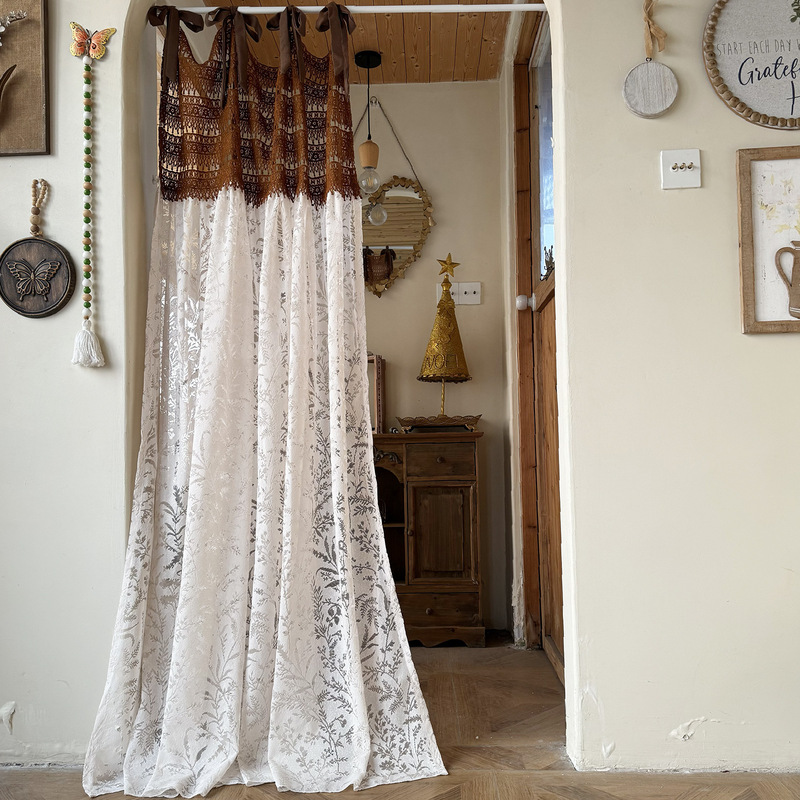 Warm Light Crochet~Exquisite Vintage Tie-Back Half Curtain Door Curtain Caramel Tie-Back French Elegant Partition Curtain No Drilling Required Warm Light Crochet~Exquisite Vintage Tie-Back Half Curtain Door Curtain Caramel Tie-Back French Elegant Partition Curtain No Drilling Required
