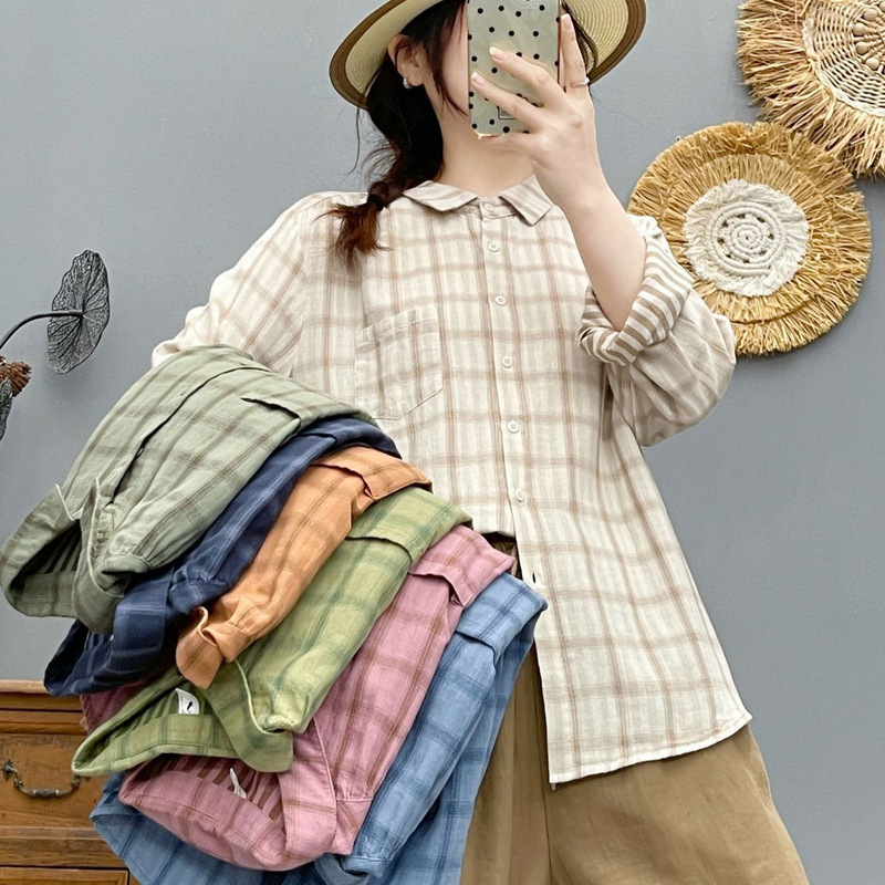 Artistic Plaid Turn-Down Collar Double-Layer Cotton Gauze Long-Sleeve Shirt for Women, 2026 Spring New Style Plaid Casual Slim-Fit Shirt Artistic Plaid Turn-Down Collar Double-Layer Cotton Gauze Long-Sleeve Shirt for Women, 2026 Spring New Style Plaid Casual Slim-Fit Shirt