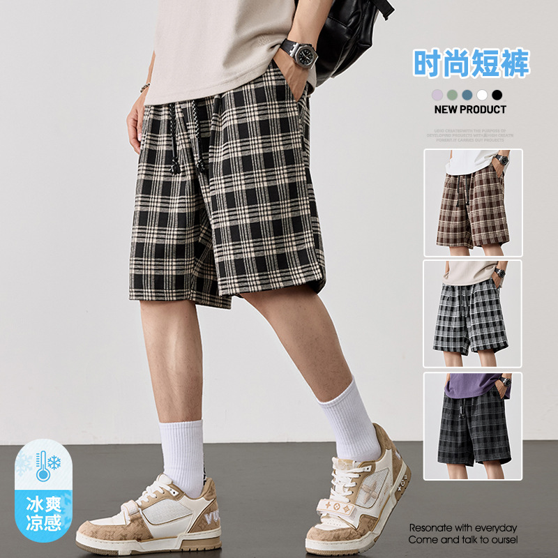 Pantalones cortos a cuadros de gran tamaño para hombres, estilo fino de verano, transpirable y suelto, estilo de Hong Kong, pantalones de cinco puntos más gordos para hombres