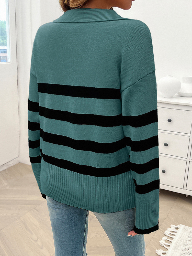 Abbigliamento donna autunno e inverno donna casual ampio a righe contrasto colore bavero maglioni top donna_voghion.com