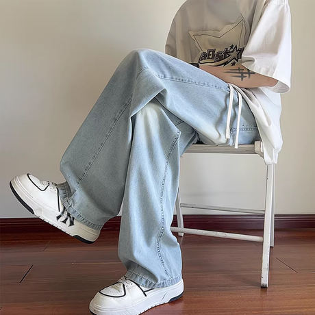 High-Quality Light Blue Jeans for Men, Summer Thin Style, High Street Retro Trendy Brand, Straight-Leg Pants, American-Style Wide-Leg Pants for Men