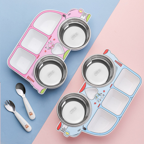 304 Stainless Steel Children's Car Dinner Plate, Removable and Washable Baby Food Bowl, Creative Cartoon Divided Plastic Plate Set