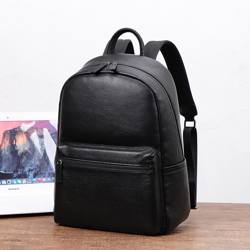 Ba lô nam da bò thật cỡ lớn 30×13×41 cm, ba lô du lịch công tác chống trộm ngăn laptop 14 inch — Màu đen