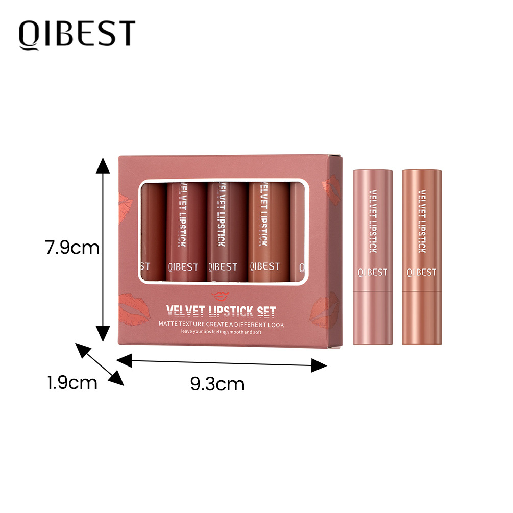 QIBEST matte velvet matte lipstick suit non-stick cup does not fade easy to color moisturizing lasting lipstick makeup
