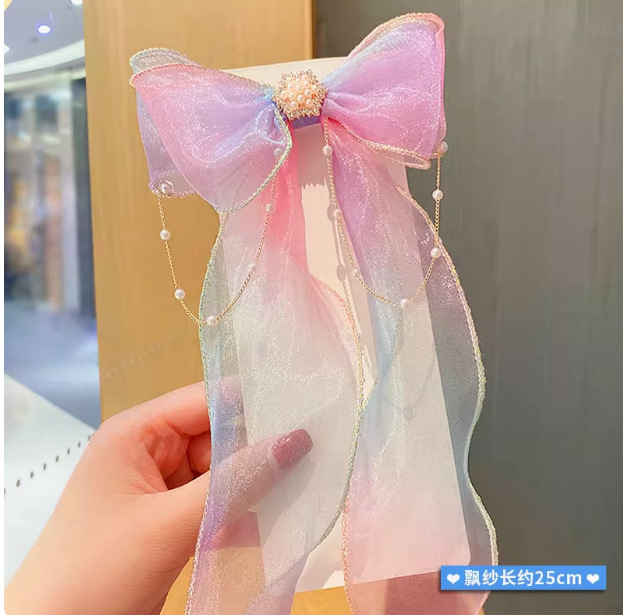 라이트 핑크 체인 비즈 리본 롱 리본 어린이 머리핀