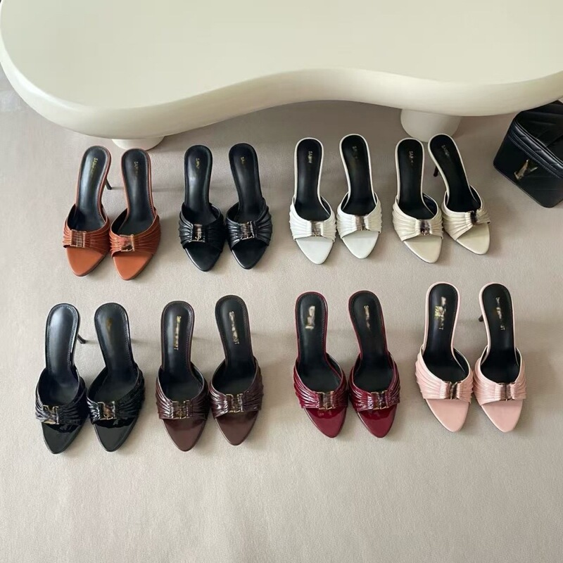 Yang Shulin's New Pleated Metal Buckle High-Heeled Slippers for Women, Versatile and Comfortable Sandals, Summer Fashion Ys Slip-Ons Yang Shulin's New Pleated Metal Buckle High-Heeled Slippers for Women, Versatile and Comfortable Sandals, Summer Fashion Ys Slip-Ons