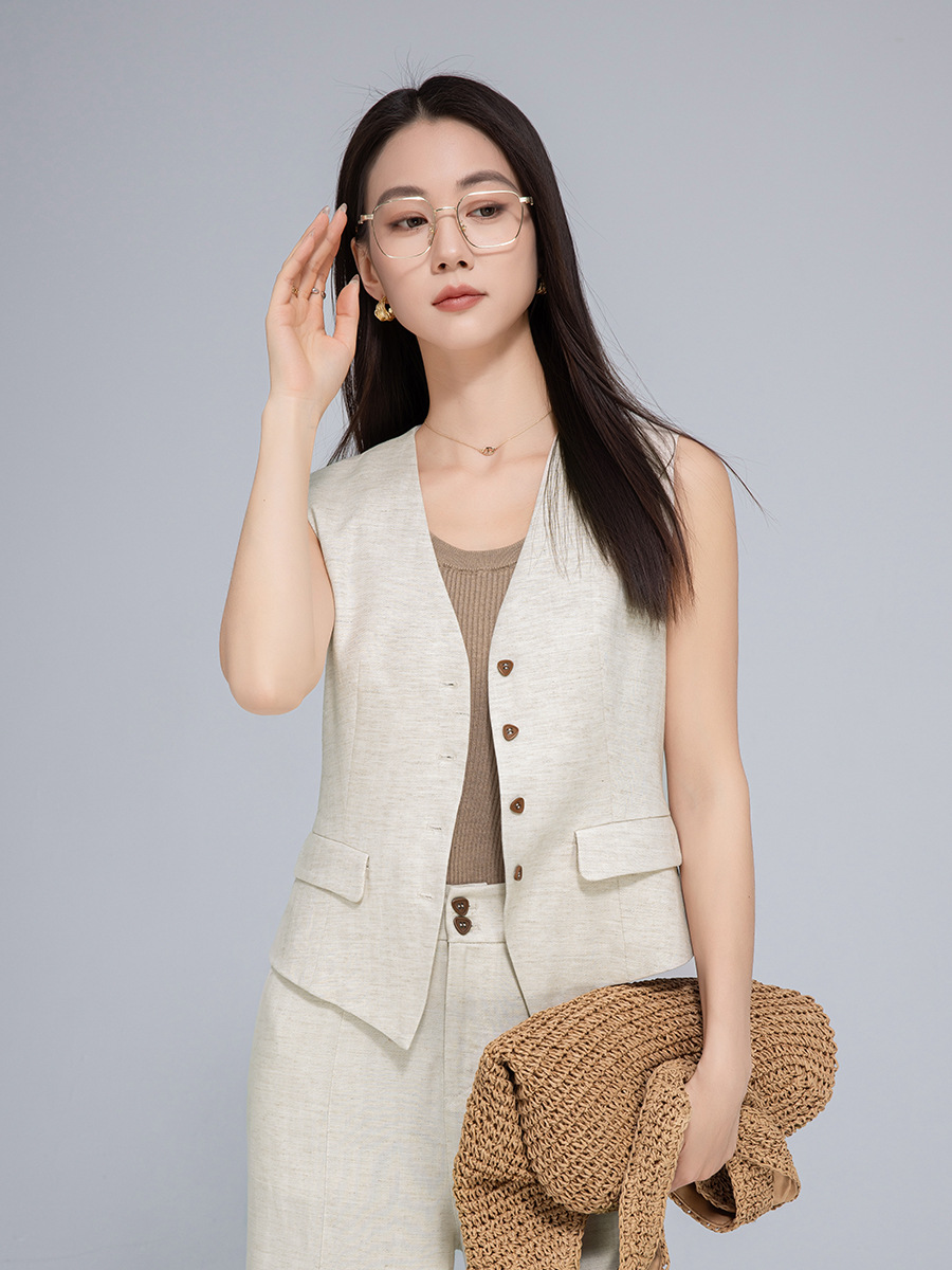 Áo vest gile nữ ngắn tay phong cách cổ điển chất liệu lanh Tencel — Gai Thật Màu